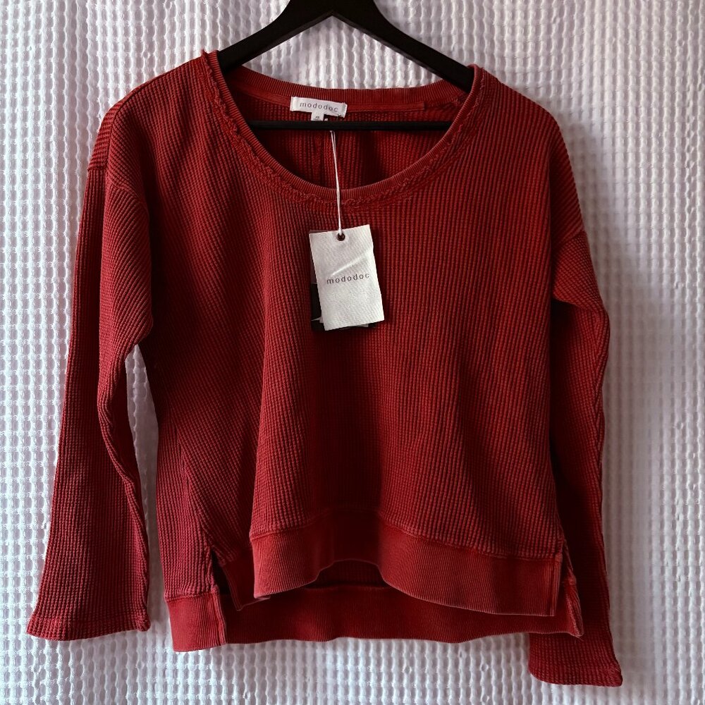 Mododoc NEW women's XS rustic red washed waffle long sleeve open neck top